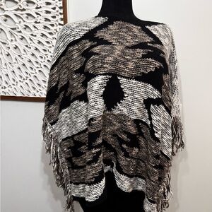 INC International Concepts Black and Cream Fringed Poncho